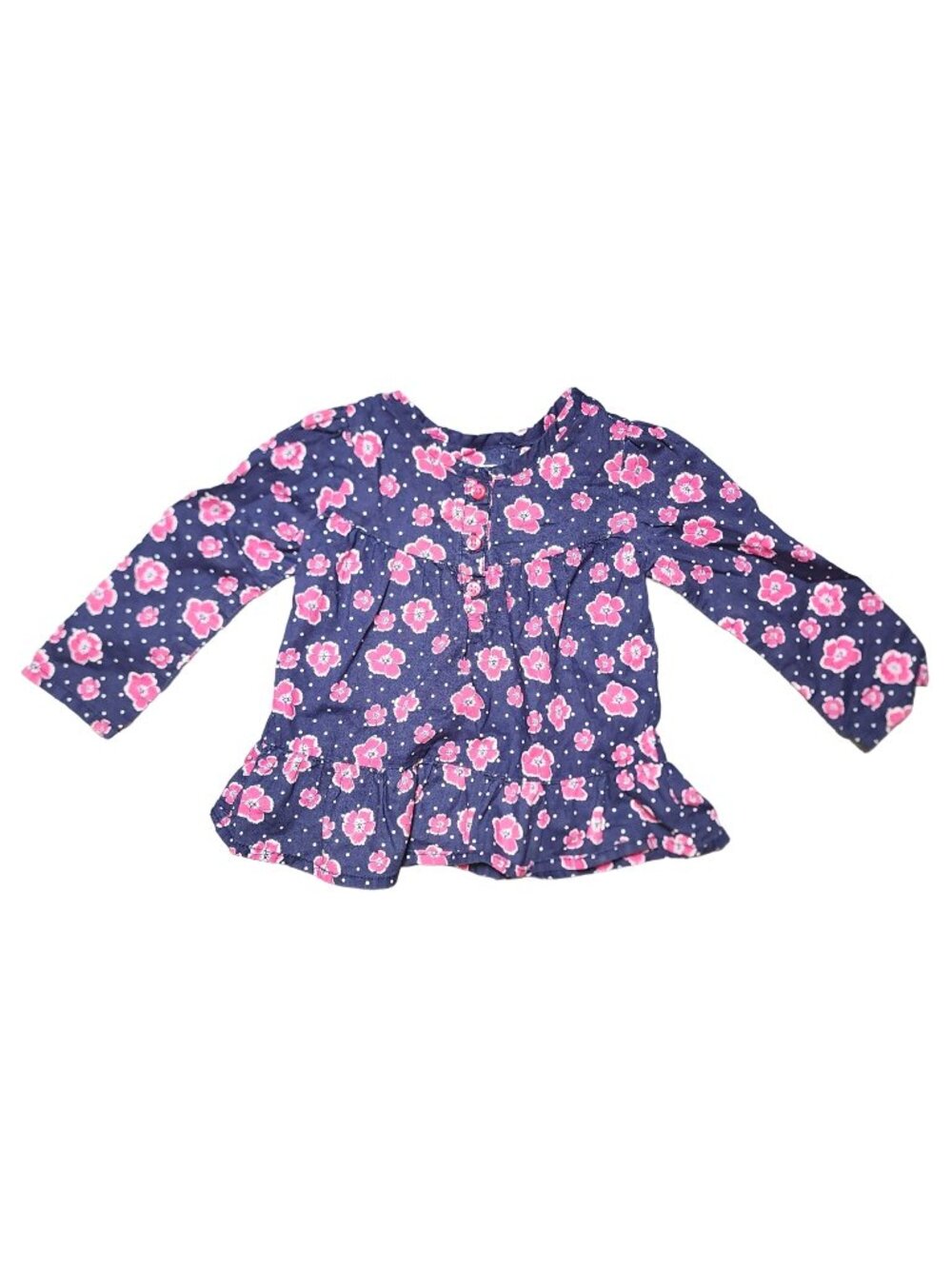Baby Girls TCP The Children's Place Navy Pink Floral Half Button Shirt 18-24 Mon